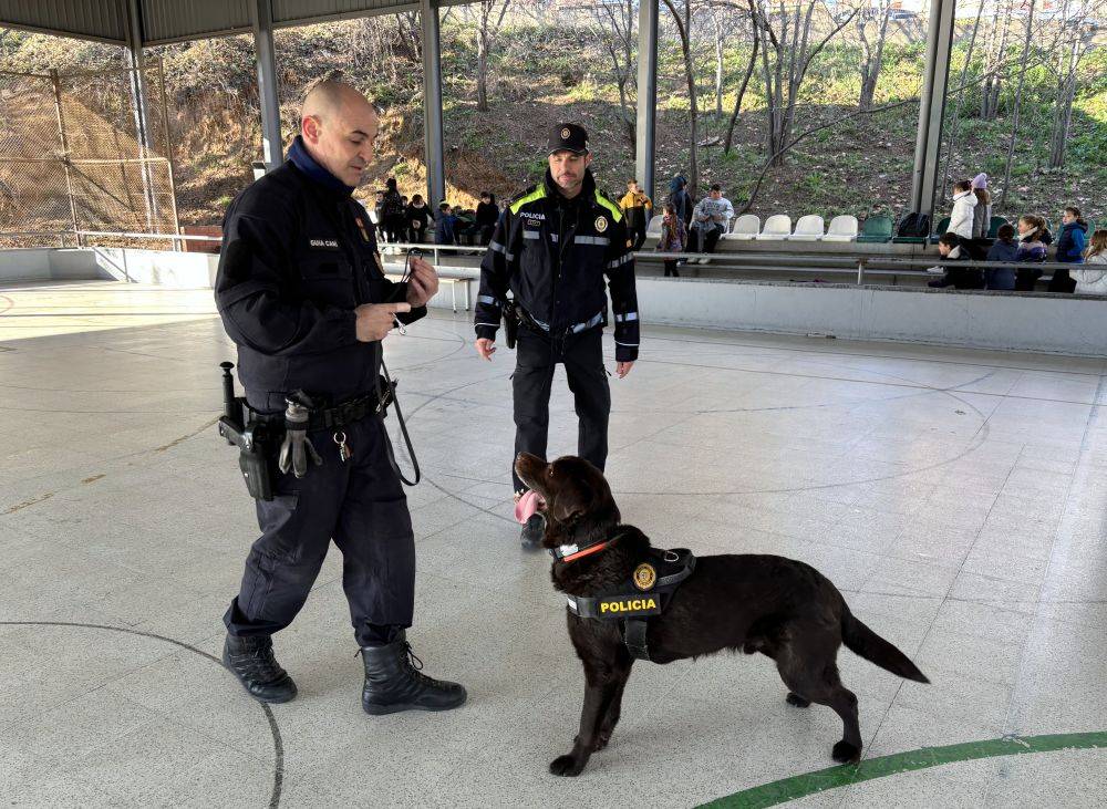 Kyle, el gos de la policia local, ensenya valors i seguretat a l'alumnat de Cerdanyola