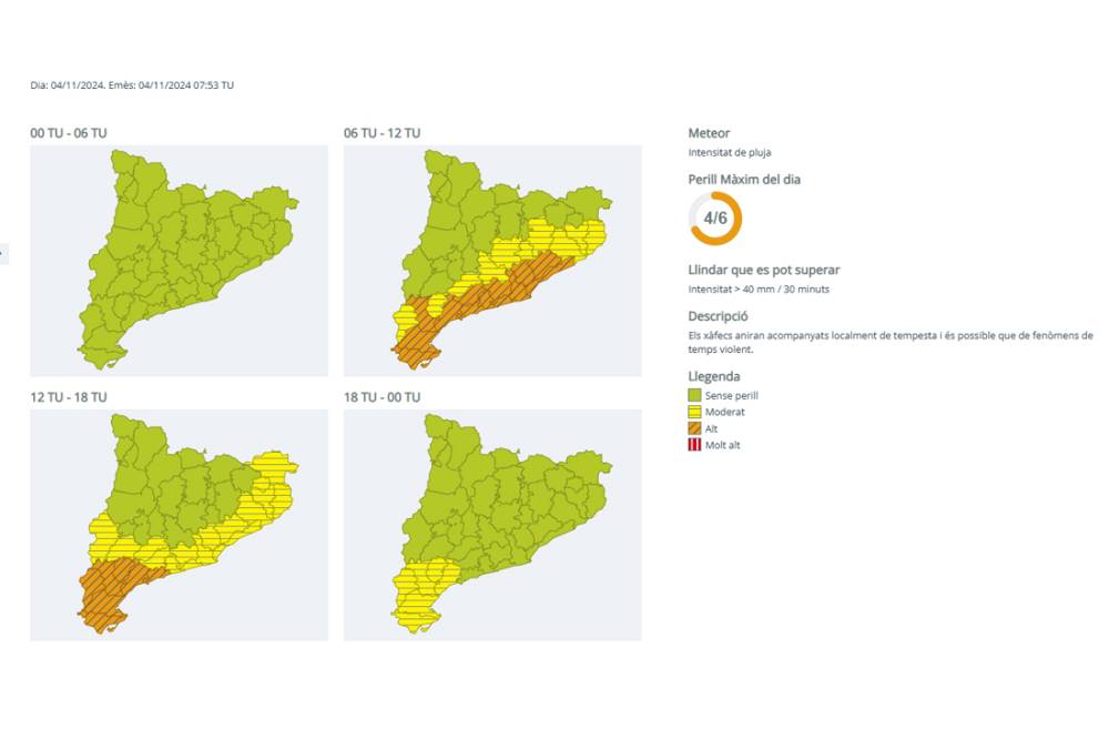 Meteocat avisa de risc alt d'intensitat de pluja