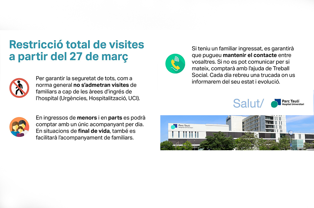 L'Hospital Parc Taulí restringirà totalment les visites a partir de divendres, dia 27