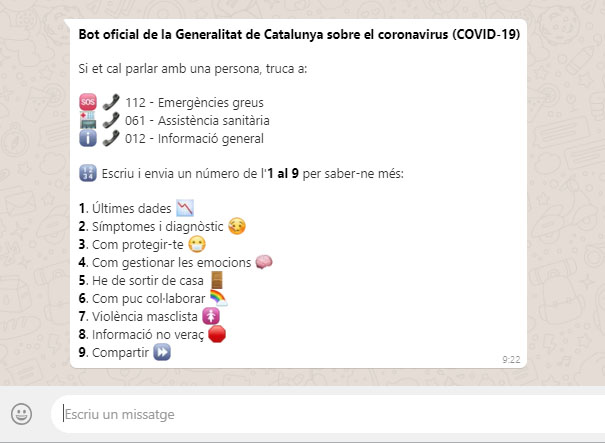 La Generalitat estrena un bot amb informació sobre el coronavirus a WhatsApp